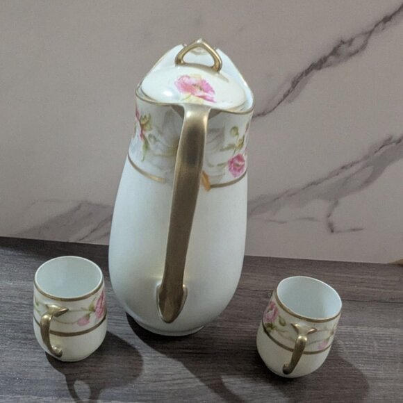 Bavaria Porcelain Coffee Set Pitcher & 2 Cups Floral Gold Trim Antique chocolate - Picture 4 of 8